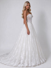 Strapless Lace Sheer-Corset A-Line Bridal Wedding Dress with Cathedral Train