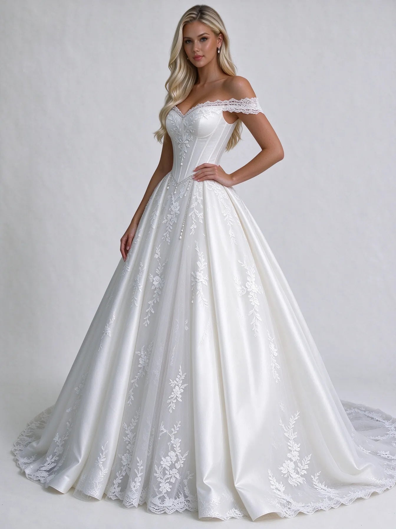 Off-the-Shoulder Lace Corset Ball Gown Wedding Dress