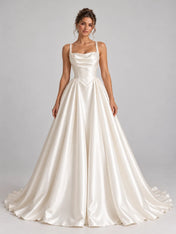 Square-Neck Beaded Strap Satin Wedding Dress Ball Gown with Draped Bodice and Covered Button Back