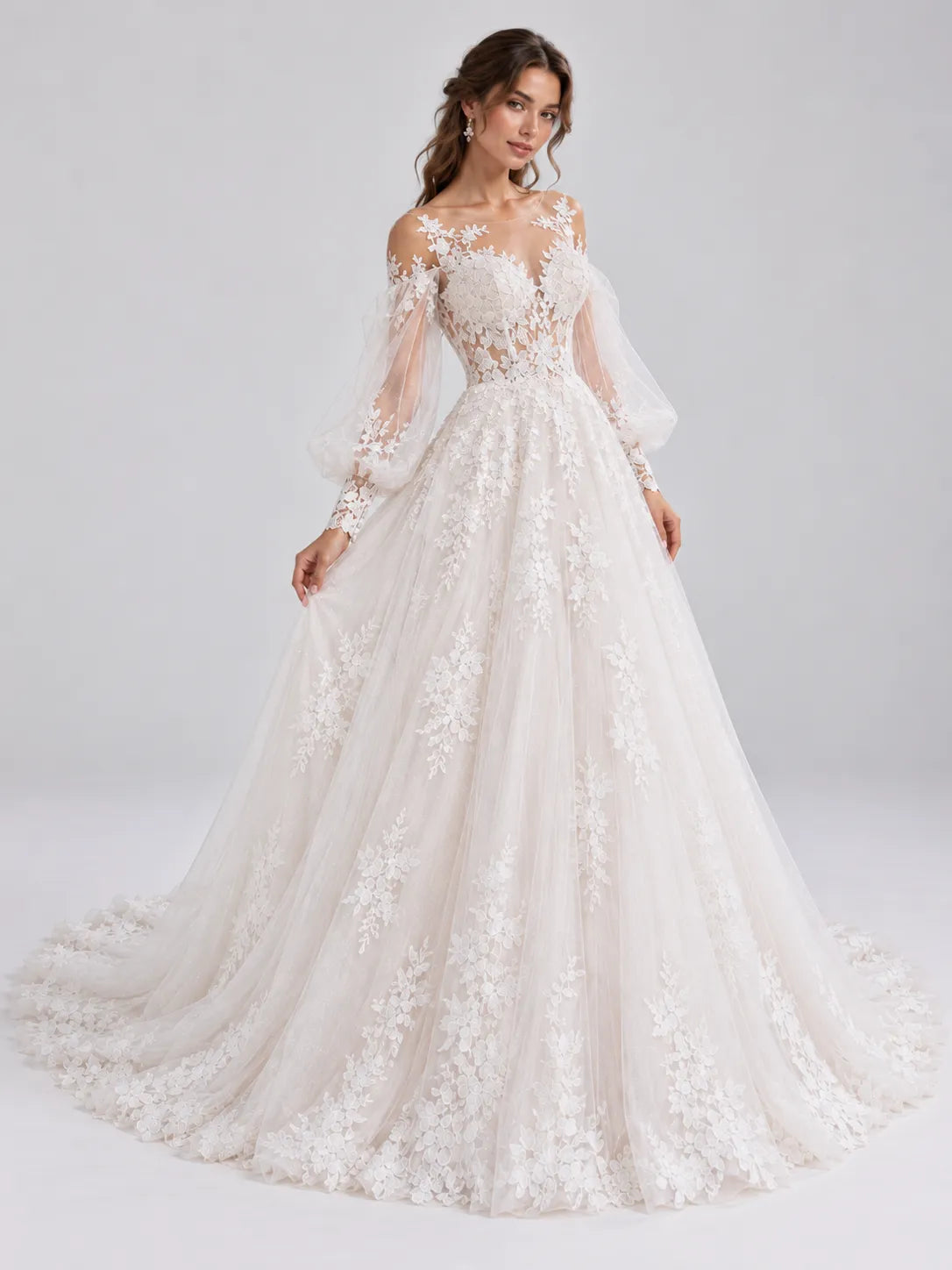 Off-the-Shoulder Bishop Long-Sleeve Lace A-Line Wedding Dress with Illusion Back and Cathedral Train