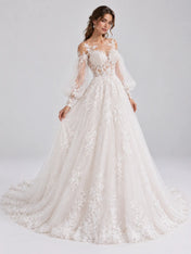 Off-the-Shoulder Bishop Long-Sleeve Lace A-Line Wedding Dress with Illusion Back and Cathedral Train