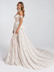 Off-the-Shoulder Lace Mermaid Wedding Dress with Detachable Overskirt and Choker