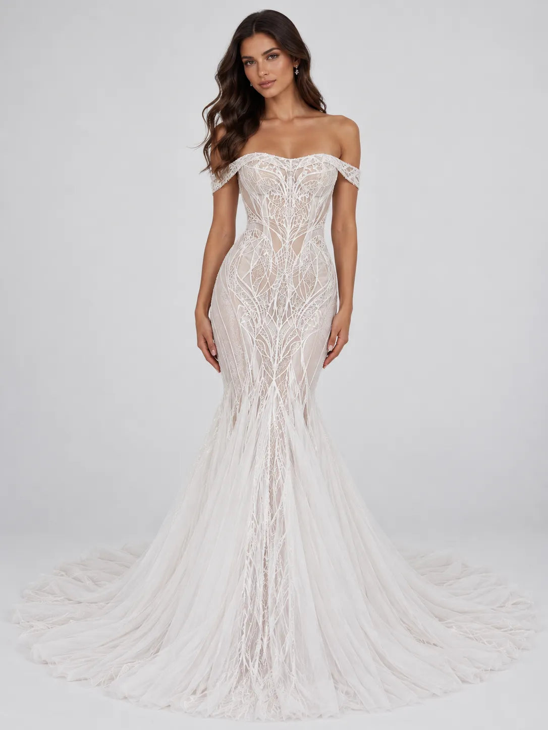 Off-the-Shoulder Illusion Branch-Embroidered Mermaid Wedding Dress with Lace-Up Back
