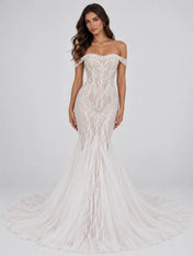Off-the-Shoulder Illusion Branch-Embroidered Mermaid Wedding Dress with Lace-Up Back
