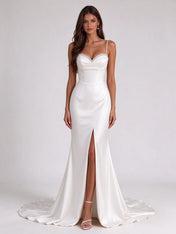 Crystal-Trimmed Satin Mermaid Bridal Gown Wedding Dress with High Leg Slit