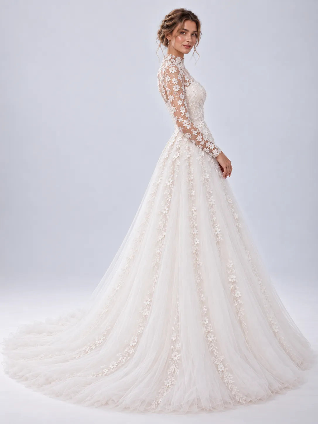 High-Neck Long-Sleeve Floral Applique Ball Gown Wedding Dress