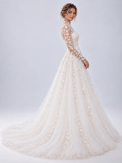 High-Neck Long-Sleeve Floral Applique Ball Gown Wedding Dress