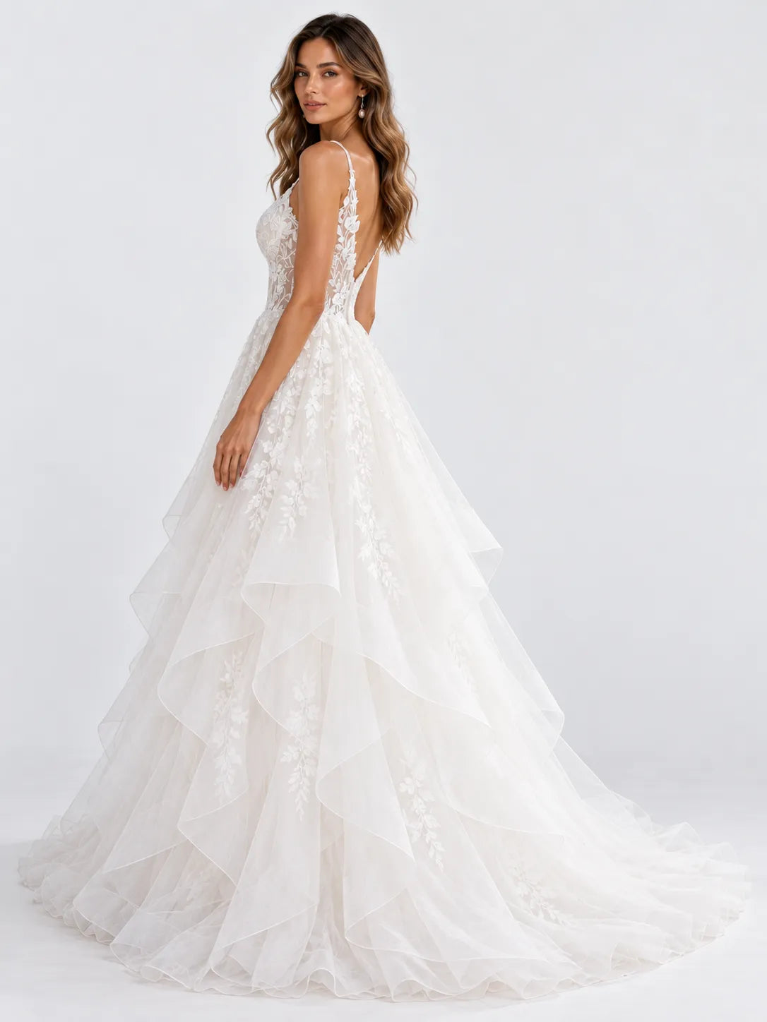 Sleeveless Tiered Organza A-Line Wedding Dress with Illusion Corset Bodice and Cathedral Train