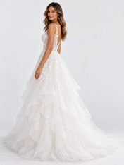 Sleeveless Tiered Organza A-Line Wedding Dress with Illusion Corset Bodice and Cathedral Train