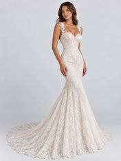 Sleepless Lace Mermaid Wedding Dress with Open V-Back and Chapel Train
