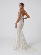 Spaghetti Strap Sheer Corset Beaded Lace Mermaid Wedding Dress with Sweep Train