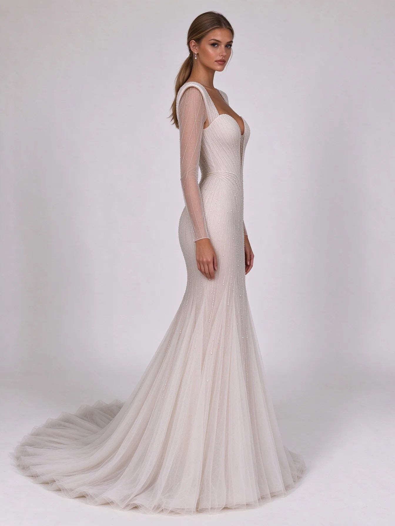 Structured Padded-Shoulder Plunge-Neck Beaded Mermaid Wedding Dress with Sweep Train