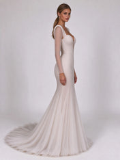 Structured Padded-Shoulder Plunge-Neck Beaded Mermaid Wedding Dress with Sweep Train