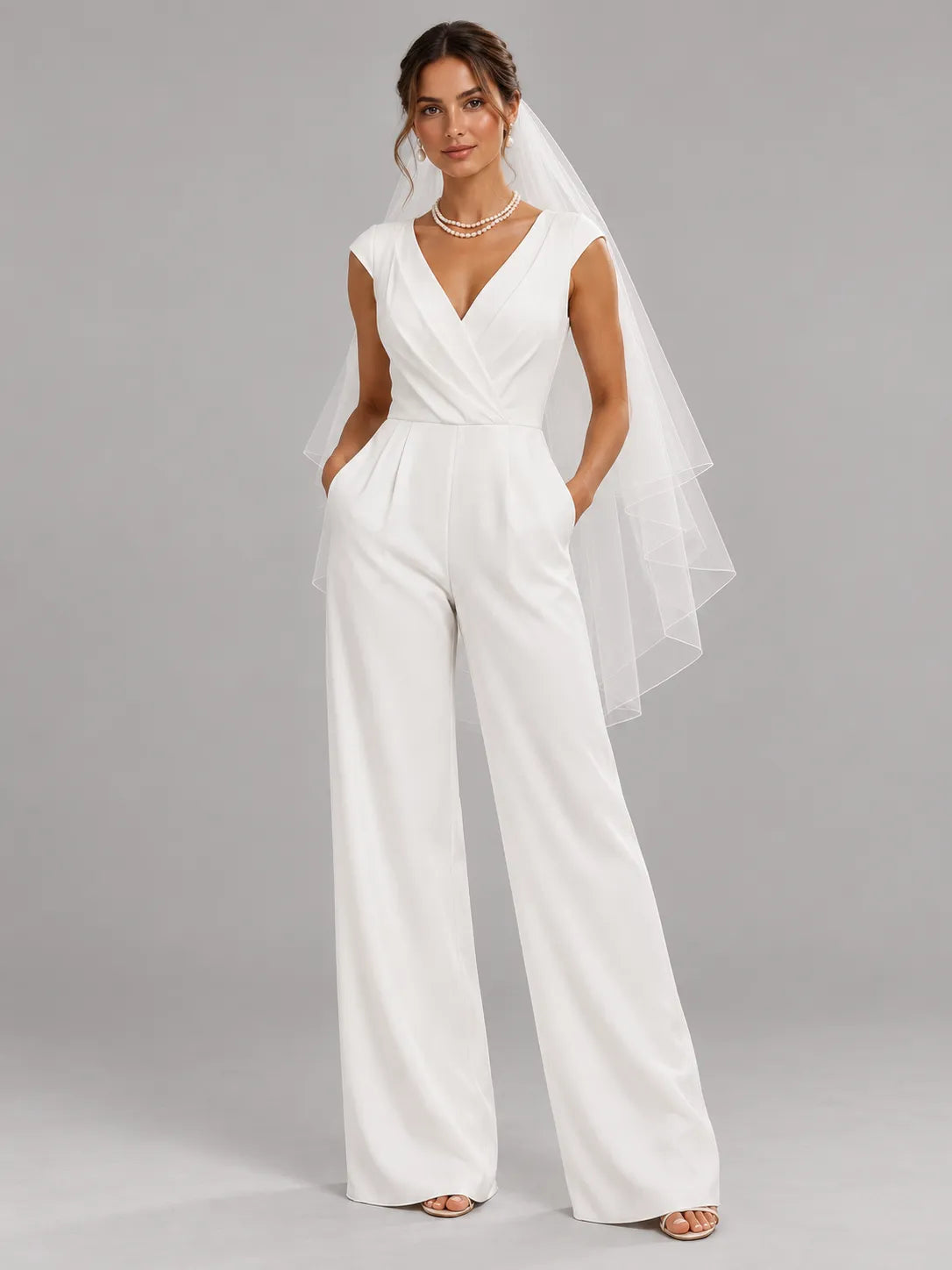 V-Neck Crossover Wide-Leg Bridal Jumpsuit