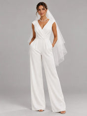 V-Neck Crossover Wide-Leg Bridal Jumpsuit
