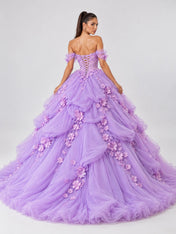 Off-the-Shoulder 3D Floral Applique Voluminous Ball Gown Evening Dress with Corset Back and Sweep Train