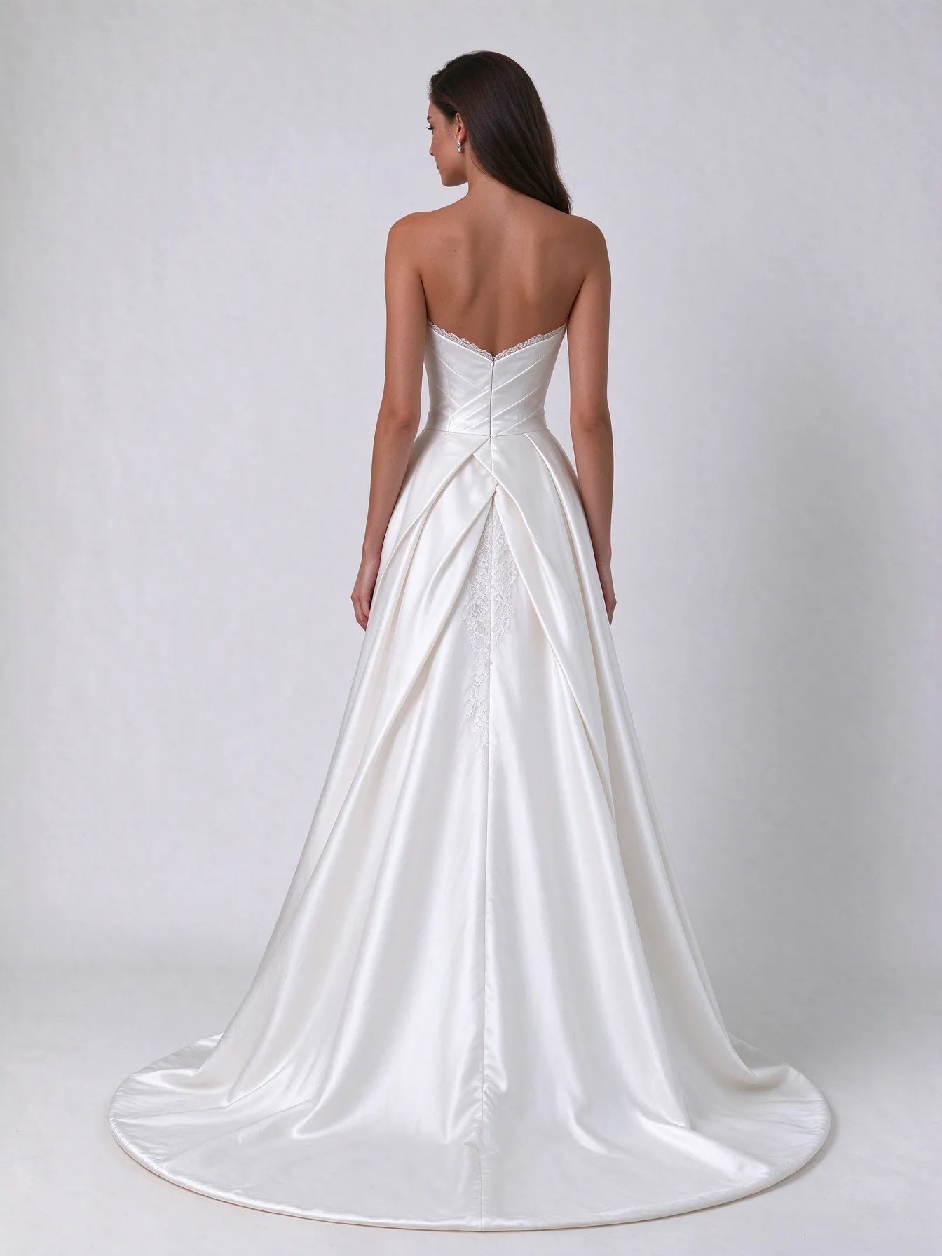 Strapless Pleated Satin and Lace Overlay Column Wedding Dress with Sweep Train