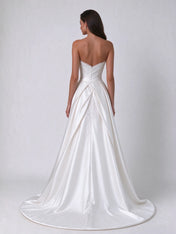 Strapless Pleated Satin and Lace Overlay Column Wedding Dress with Sweep Train