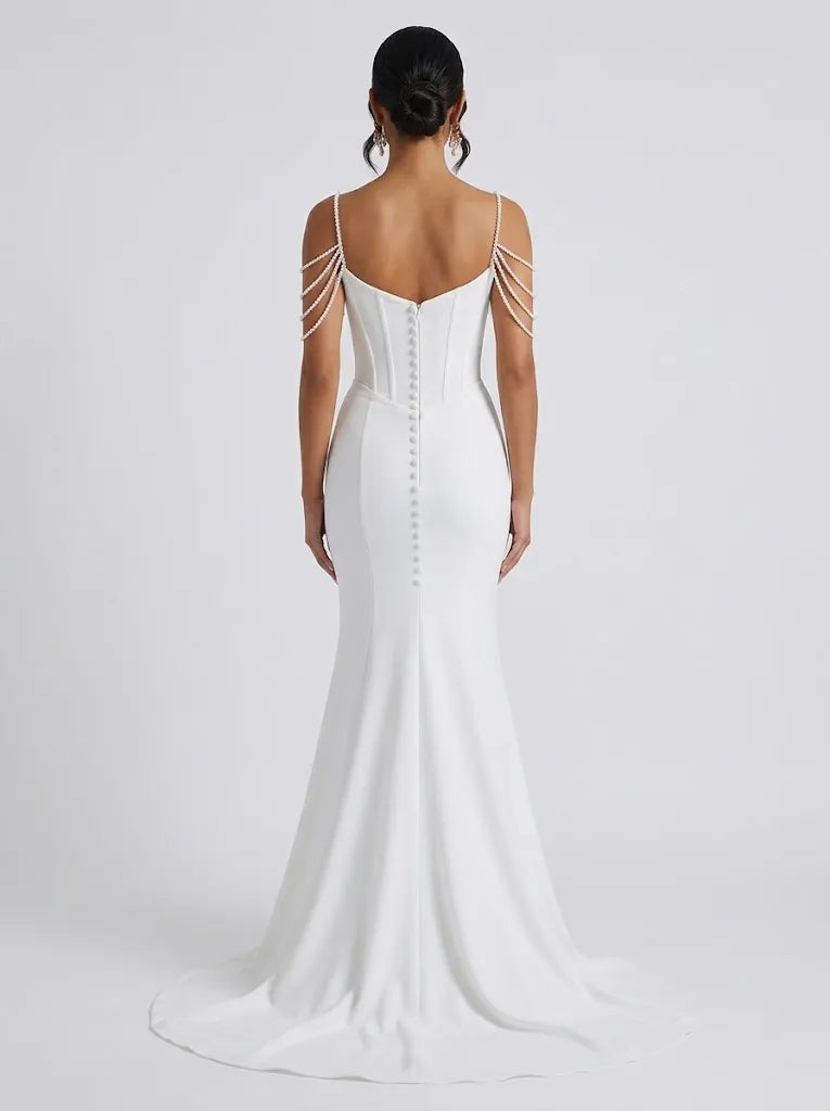 Pearl Chain Off-Shoulder Corset Crepe Sleeveless Mermaid Wedding Dress