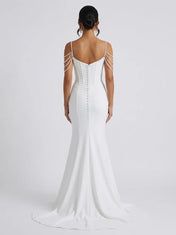 Pearl Chain Off-Shoulder Corset Crepe Sleeveless Mermaid Wedding Dress