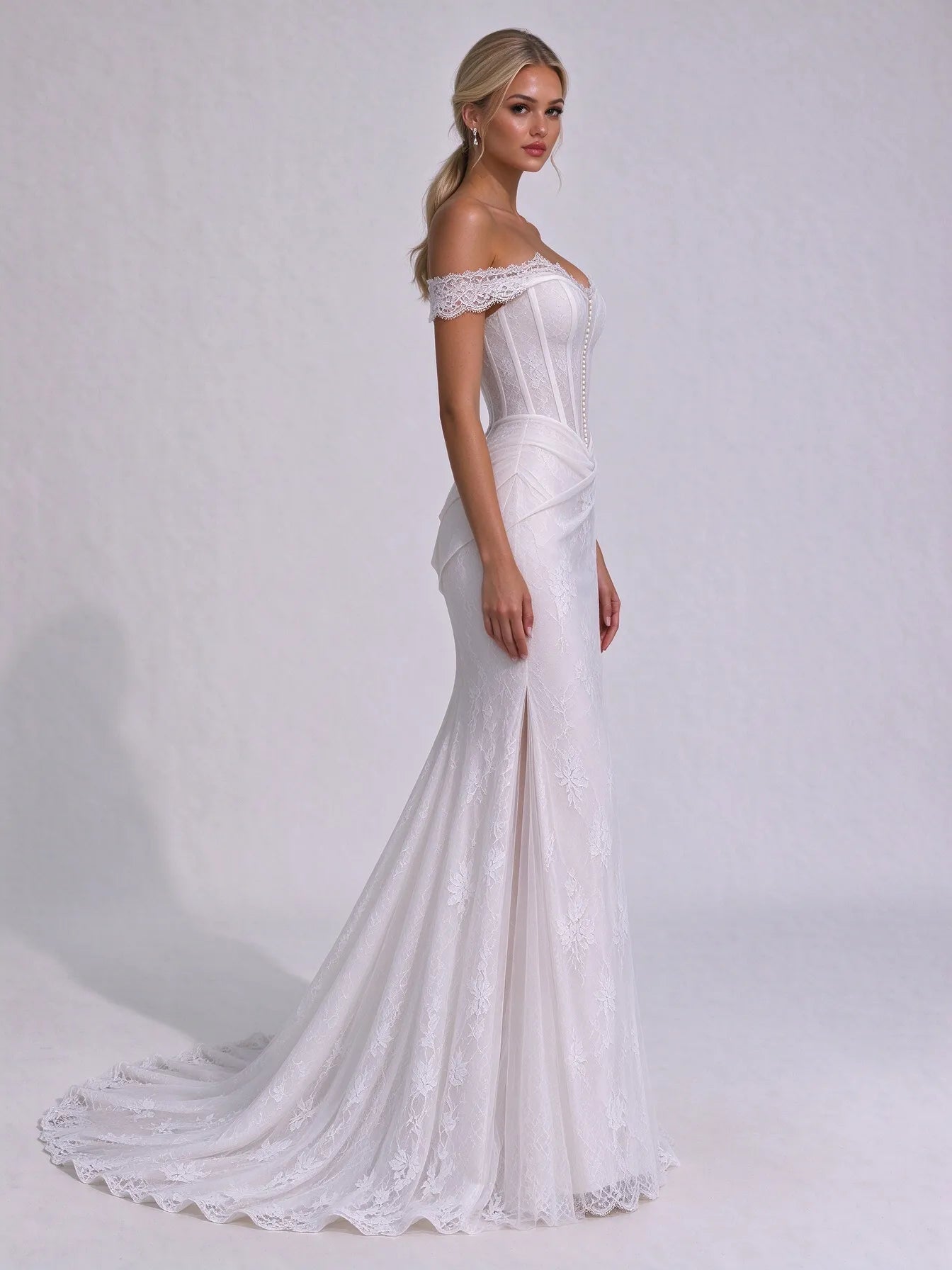 Off-The-Shoulder Scalloped Lace Corset Mermaid Bridal Wedding Dress with Slit