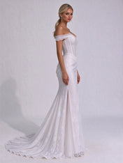 Off-The-Shoulder Scalloped Lace Corset Mermaid Bridal Wedding Dress with Slit