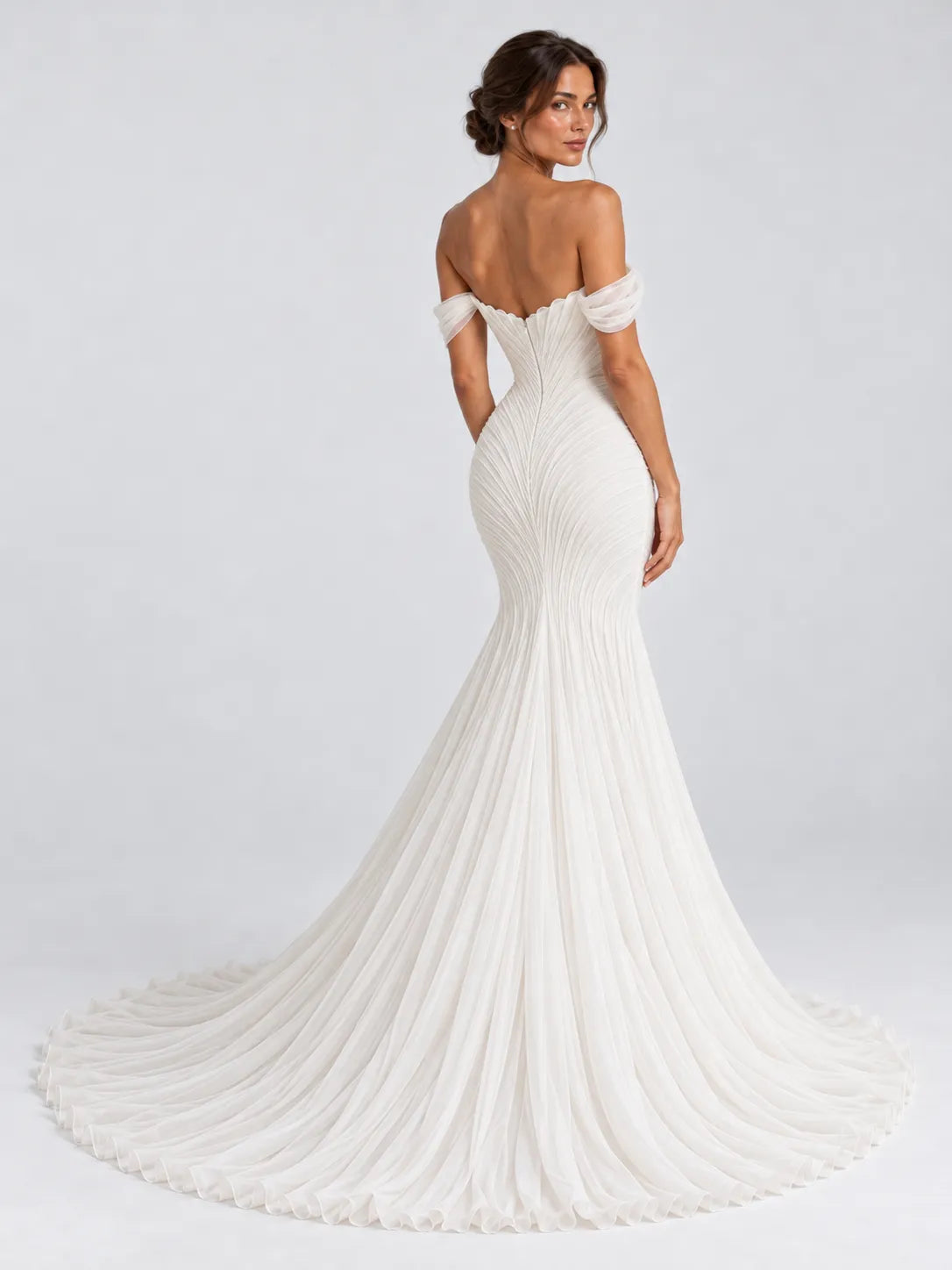 Off-the-Shoulder Pleated Chiffon Mermaid Wedding Dress with Sweep Train