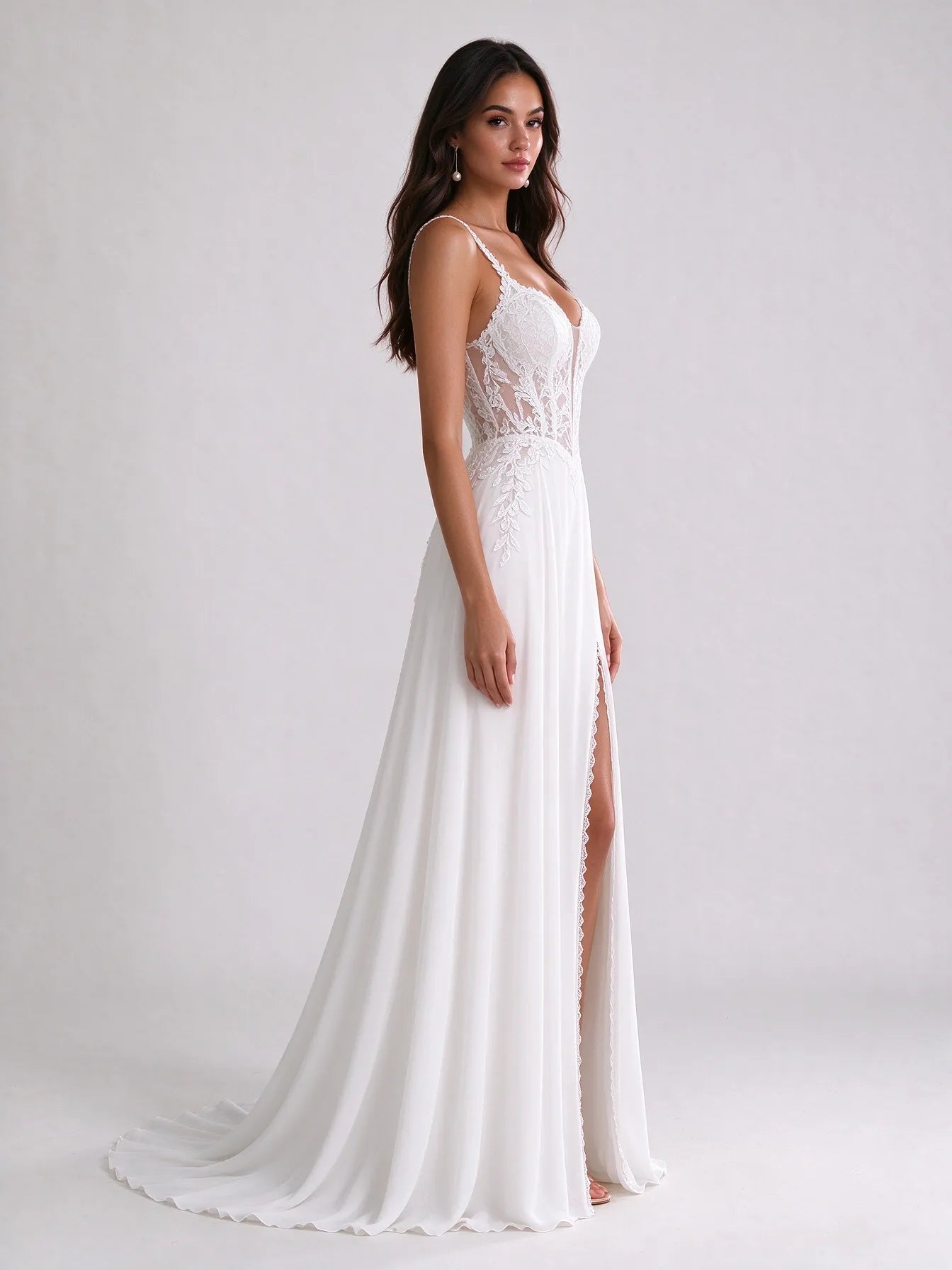 Sweetheart Illusion Lace Corset Chiffon A-Line Wedding Dress with High Slit