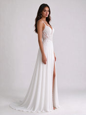 Sweetheart Illusion Lace Corset Chiffon A-Line Wedding Dress with High Slit