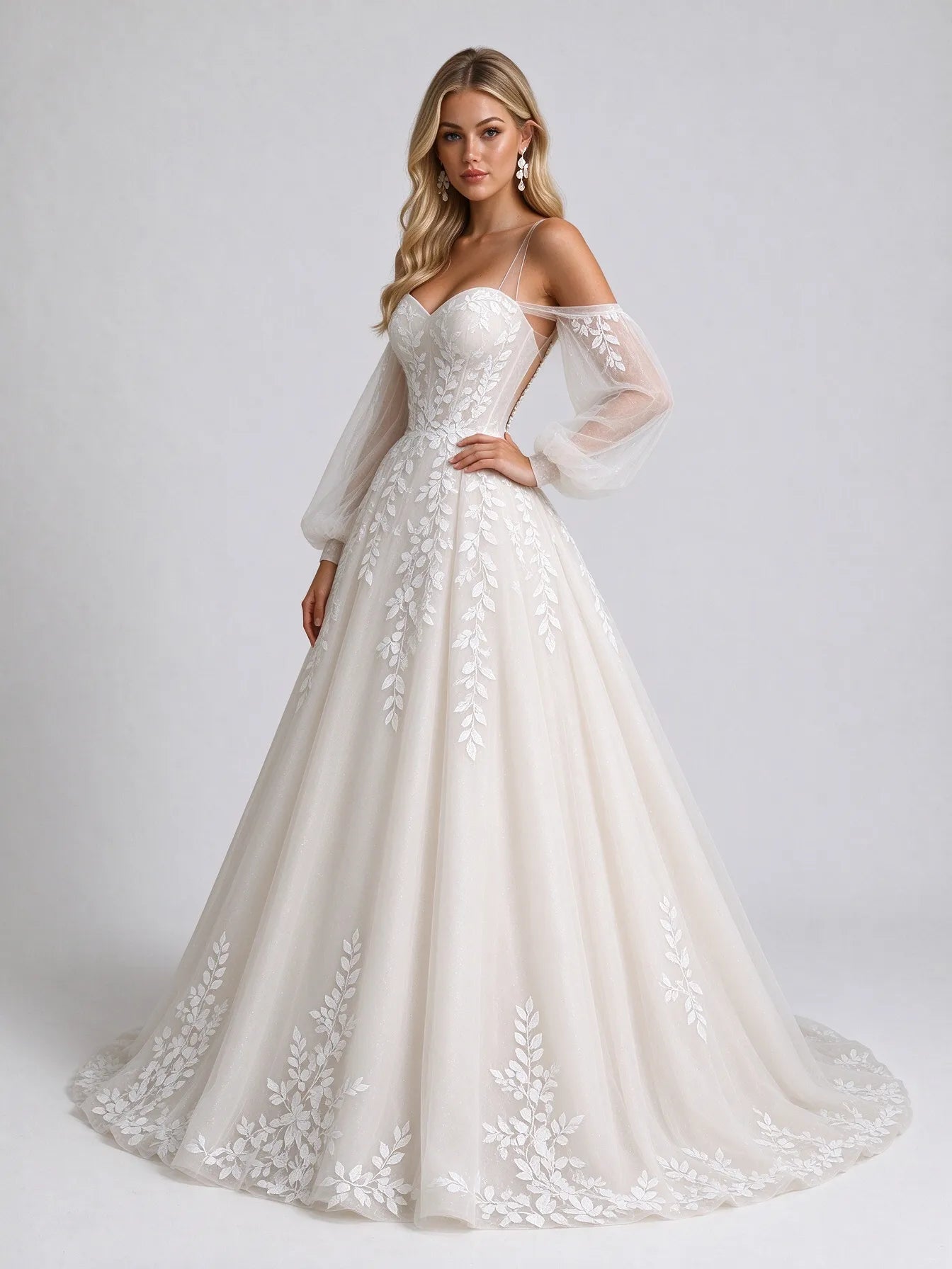 Off-the-Shoulder Bishop Sleeve Embroidered Lace A-Line Wedding Dress with Sweep Train