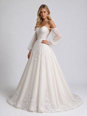Off-the-Shoulder Bishop Sleeve Embroidered Lace A-Line Wedding Dress with Sweep Train
