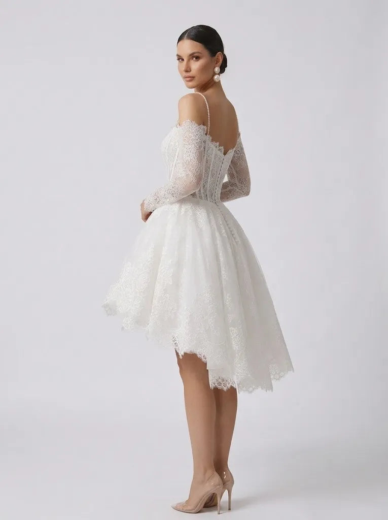 Off-the-Shoulder Lace Corset High-Low Short Wedding Dress