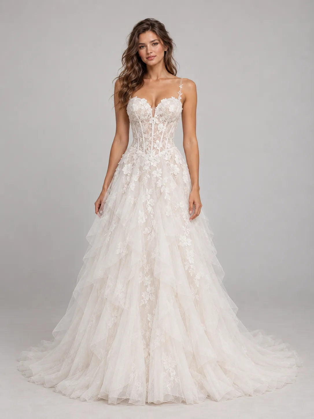 Sweetheart Lace Applique Corset A-Line Wedding Dress with Cascading Tiered Tulle Skirt and Train