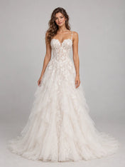 Sweetheart Lace Applique Corset A-Line Wedding Dress with Cascading Tiered Tulle Skirt and Train