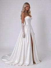 Strapless Corset Satin Ball Gown Wedding Dress with High Slit and Lace Gloves