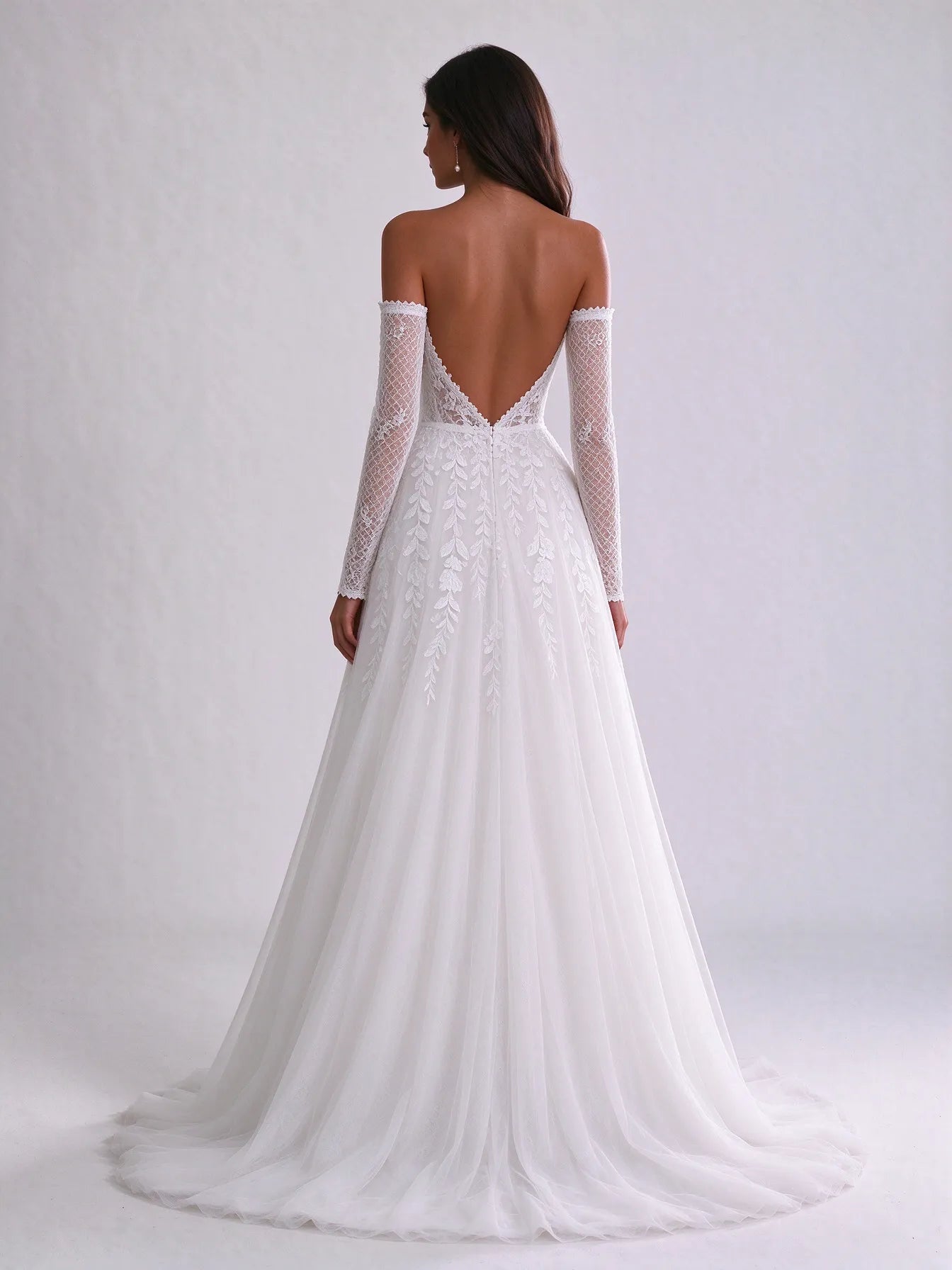 Off-the-Shoulder Sweetheart Lace Corset Tulle A-Line Wedding Dress with High Slit and Detachable Sleeves