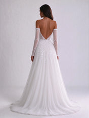 Off-the-Shoulder Sweetheart Lace Corset Tulle A-Line Wedding Dress with High Slit and Detachable Sleeves