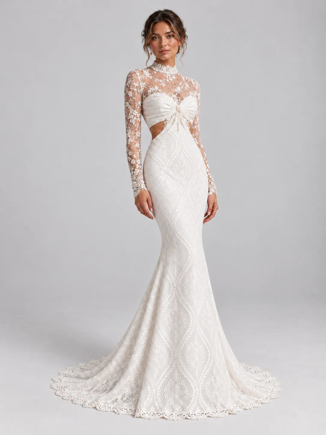 High-Neck Long-Sleeve Lace Mermaid Wedding Dress with Cutouts