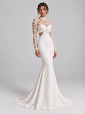 High-Neck Long-Sleeve Lace Mermaid Wedding Dress with Cutouts