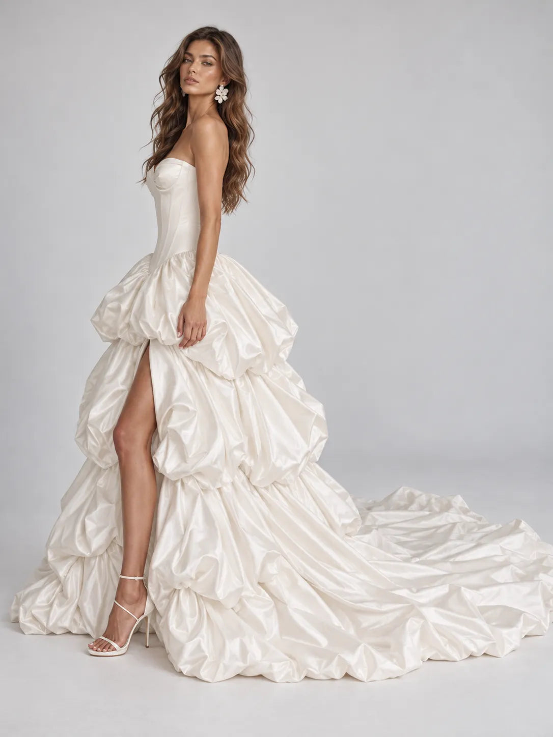 Strapless Sweetheart Tiered Bubble Satin Ball Gown Wedding Dress with High Slit