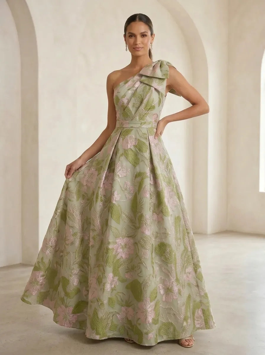 One-Shoulder Bow-Accented Jacquard Ball Gown Mother Of The Bride Dresses
