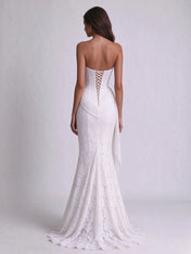 Strapless Sweetheart Lace Corset Mermaid Wedding Dress with Draped Hip Sash and Lace-Up Back