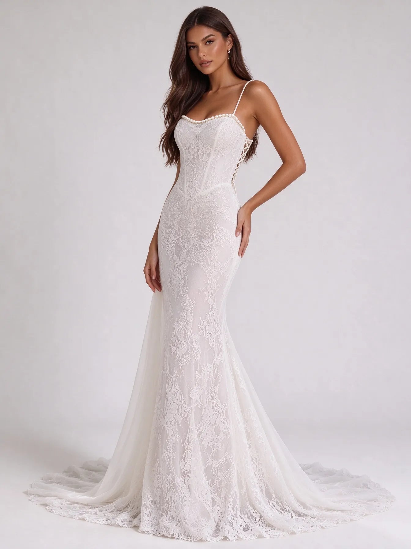 Pearl-Trimmed Lace Corset Mermaid Bridal Gown Wedding Dress with Flowing Train