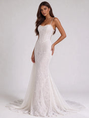Pearl-Trimmed Lace Corset Mermaid Bridal Gown Wedding Dress with Flowing Train