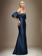 Navy Blue Satin Sheath/Column Off the Shoulder Puff Sleeve Floor Length Dress