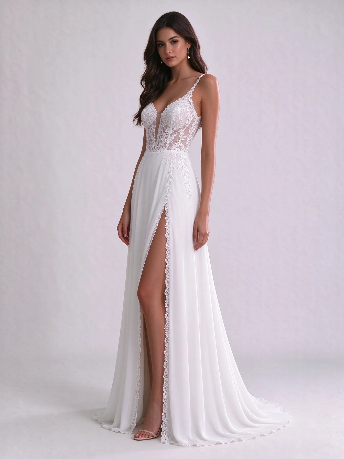 Sweetheart Illusion Lace Corset Chiffon A-Line Wedding Dress with High Slit