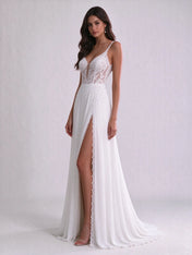 Sweetheart Illusion Lace Corset Chiffon A-Line Wedding Dress with High Slit