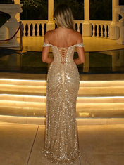 Off-the-Shoulder Glitter Sequin Column Prom Dress with High Slit