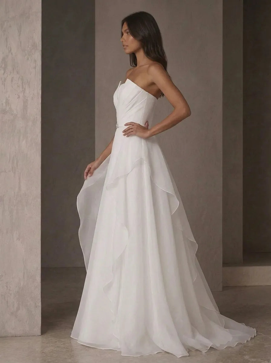 Ivory Strapless Pleated Ruffled A-Line Evening Dress