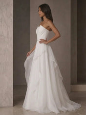 Ivory Strapless Pleated Ruffled A-Line Evening Dress